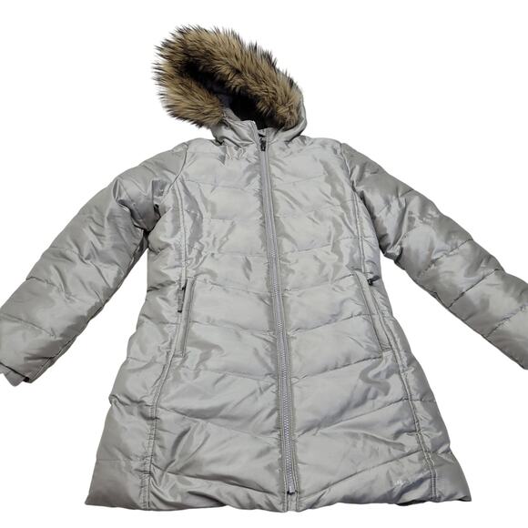Lands End silver down alternative long puffer jacket winter coat fur - Picture 1 of 10